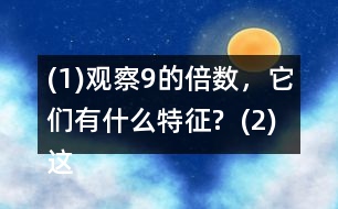 (1)觀察9的倍數(shù)，它們有什么特征?  (2)這些數(shù)的排列有什么特征?與同伴說說你的想法。  (3)如果左表擴(kuò)“充到200，并找出99后面是9的倍數(shù)的數(shù)，它們將在表中的什么位置?做一做，檢驗(yàn)?zāi)愕拇鸢浮?></p>										
													<h3>1、(1)觀察9的倍數(shù)，它們有什么特征?  (2)這些數(shù)的排列有什么特征?與同伴說說你的想法。  (3)如果左表擴(kuò)“充到200，并找出99后面是9的倍數(shù)的數(shù)，它們將在表中的什么位置?做一做，檢驗(yàn)?zāi)愕拇鸢浮?/h3>	 <p>北師大版五年級上冊數(shù)學(xué)《3的倍數(shù)的特征》</p><p>(1)觀察9的倍數(shù)，它們有什么特征?</p><p>一個(gè)數(shù)各個(gè)數(shù)位上的數(shù)字的和是9的倍數(shù)，這個(gè)數(shù)就是9的倍數(shù)。</p><p>(2)這些數(shù)的排列有什么特征?與同伴說說你的想法。</p><p>斜對角</p><p>(3)如果左表擴(kuò)充到200，并找出99后面是9的倍數(shù)的數(shù)，它們將在表中的什么位置?做一做，檢驗(yàn)?zāi)愕拇鸢浮?/p><p>108、117、126 135、144、153、162、171、180、189、198</p>	  <h3>2、北師大一年級數(shù)學(xué)上冊《鞏固應(yīng)用》 10.(1)說一說，你發(fā)現(xiàn)了哪些數(shù)學(xué)信息?(2)提出兩個(gè)數(shù)學(xué)問題，并列式解答。</h3>	 <p>北師大一年級數(shù)學(xué)上冊《鞏固應(yīng)用》 10.</p><p>(1)說一說，你發(fā)現(xiàn)了哪些數(shù)學(xué)信息?</p><p>有3個(gè)小朋友在蕩秋千，4個(gè)小朋友在玩滑梯，2個(gè)小朋友在玩蹺蹺板。</p><p>(2)提出兩個(gè)數(shù)學(xué)問題，并列式解答。</p><p>①一共有多少個(gè)朋友？</p><p>②一共有9個(gè)小朋友，有5個(gè)男生，女生有多少人？</p>	  <h3>3、（1）和同伴說一說，現(xiàn)在車上的人數(shù)多了還是少了？</h3>	 <p><p>北師大二年級數(shù)學(xué)上冊第一單元星星合唱隊(duì)練習(xí)題練一練及答案</p><p>車上原有56人。下來27人。上了19人。</p><p>（1）和同伴說一說，現(xiàn)在車上的人數(shù)多了還是少了？</p><p>答：下來的人比上去的多，所以車上的人數(shù)少了。</p></p>	  <h3>4、（1）一共有多少個(gè)杯子？（2）用了多少個(gè)扣子？</h3>	 <p>北師大二年級數(shù)學(xué)上冊第5單元《2-5的乘法口訣》數(shù)松果練一練答案</p><p>1.（1）一共有多少個(gè)杯子？</p><p>3x5=15（個(gè)）</p><p>（2）用了多少個(gè)扣子？</p><p>4x5=20（個(gè)）</p>	  <h3>5、（1）估一估，紅繩的長度是黃繩的多少倍？與同伴交流你的方法。</h3>	 <p>北師大二年級數(shù)學(xué)上冊《花園》練一練習(xí)題及答案</p><p>（1）估一估，紅繩的長度是黃繩的多少倍？與同伴交流你的方法。</p><p>答：紅繩是黃繩的5倍。</p><p>（2）分別量出紅繩和黃繩的長度，算一算，自己的估計(jì)準(zhǔn)確嗎？</p>	  <h3>6、2.(1)9個(gè)皮球多少元? (2)9個(gè)網(wǎng)球多少元?</h3>	 <p>北師大二年級數(shù)學(xué)上冊《買球》練一練習(xí)題及答案</p><p>2.(1)9個(gè)皮球多少元?</p><p>98=72</p><p>答：9個(gè)皮球72元。</p><p>(2)9個(gè)網(wǎng)球多少元?</p><p>99=81</p><p>答：9個(gè)網(wǎng)球81元。</p><p>(3)30元買4個(gè)網(wǎng)球，夠嗎?</p><p>94=36</p><p>答：夠了</p><p>(4)請你再提出一個(gè)數(shù)學(xué)問題，并嘗試解答。</p>	  <h3>7、4.小兔安家。（1）有4間房子，平均每間住幾只小兔？</h3>	 <p>    <tbody>        <tr>            <td width=